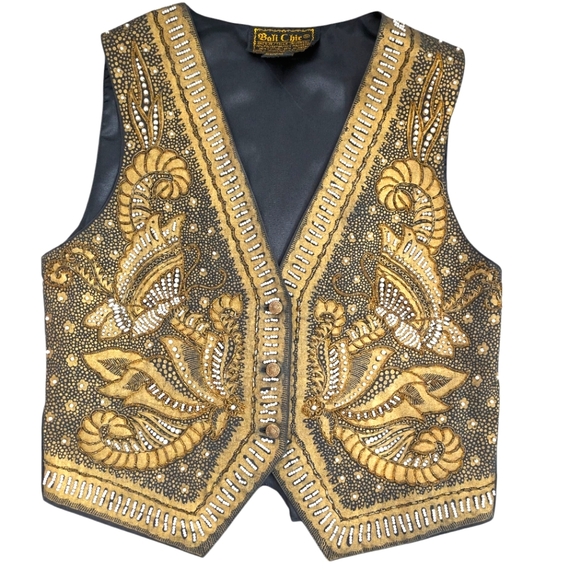 bali chic Jackets & Blazers - Vintage Bali Chic Vest GOLD BEADED BLACK Pearls SATIN BACK OS/L/XL